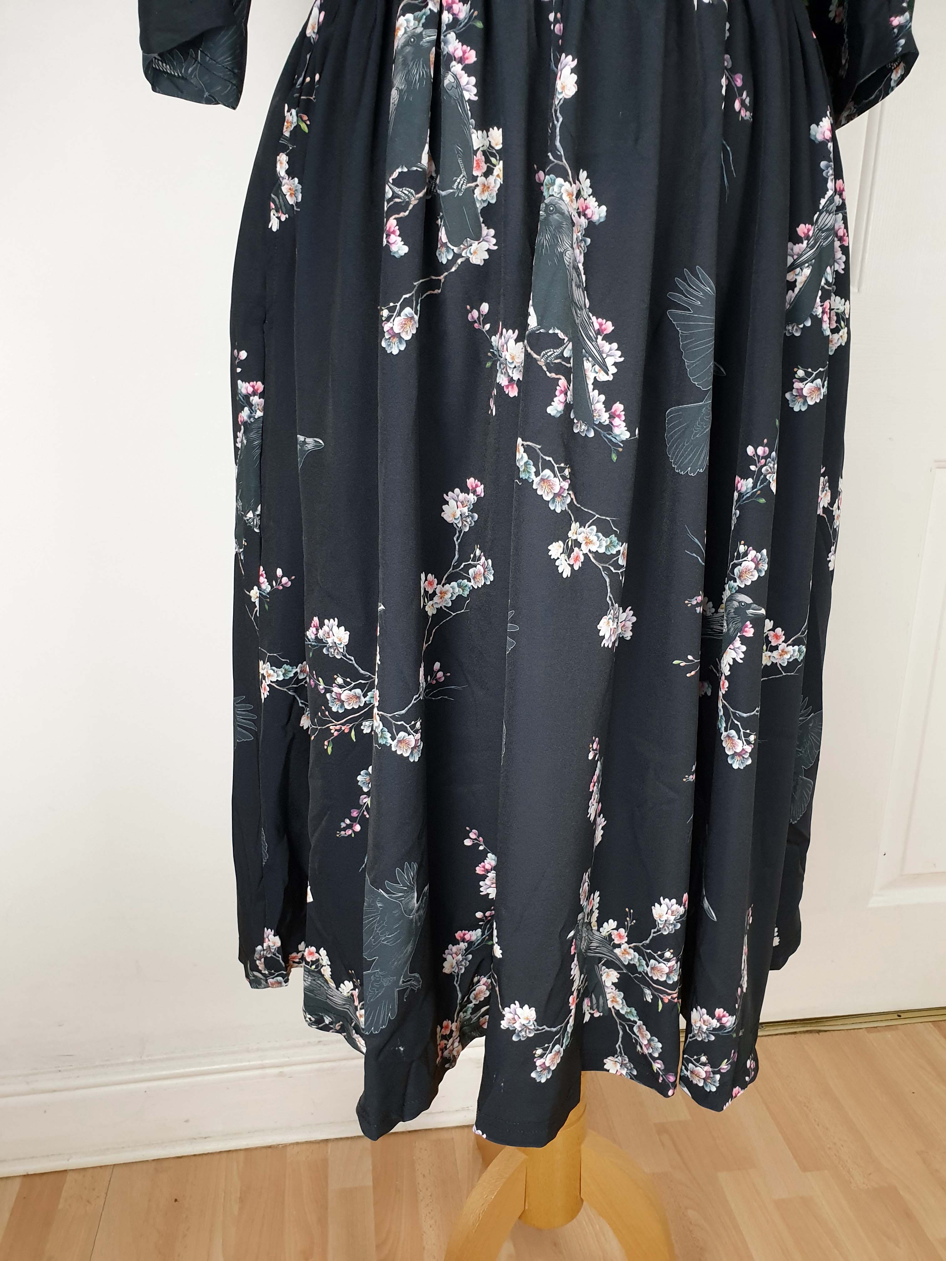 WRAP-FRONT MIDI DRESS (Sakura Corvids print)