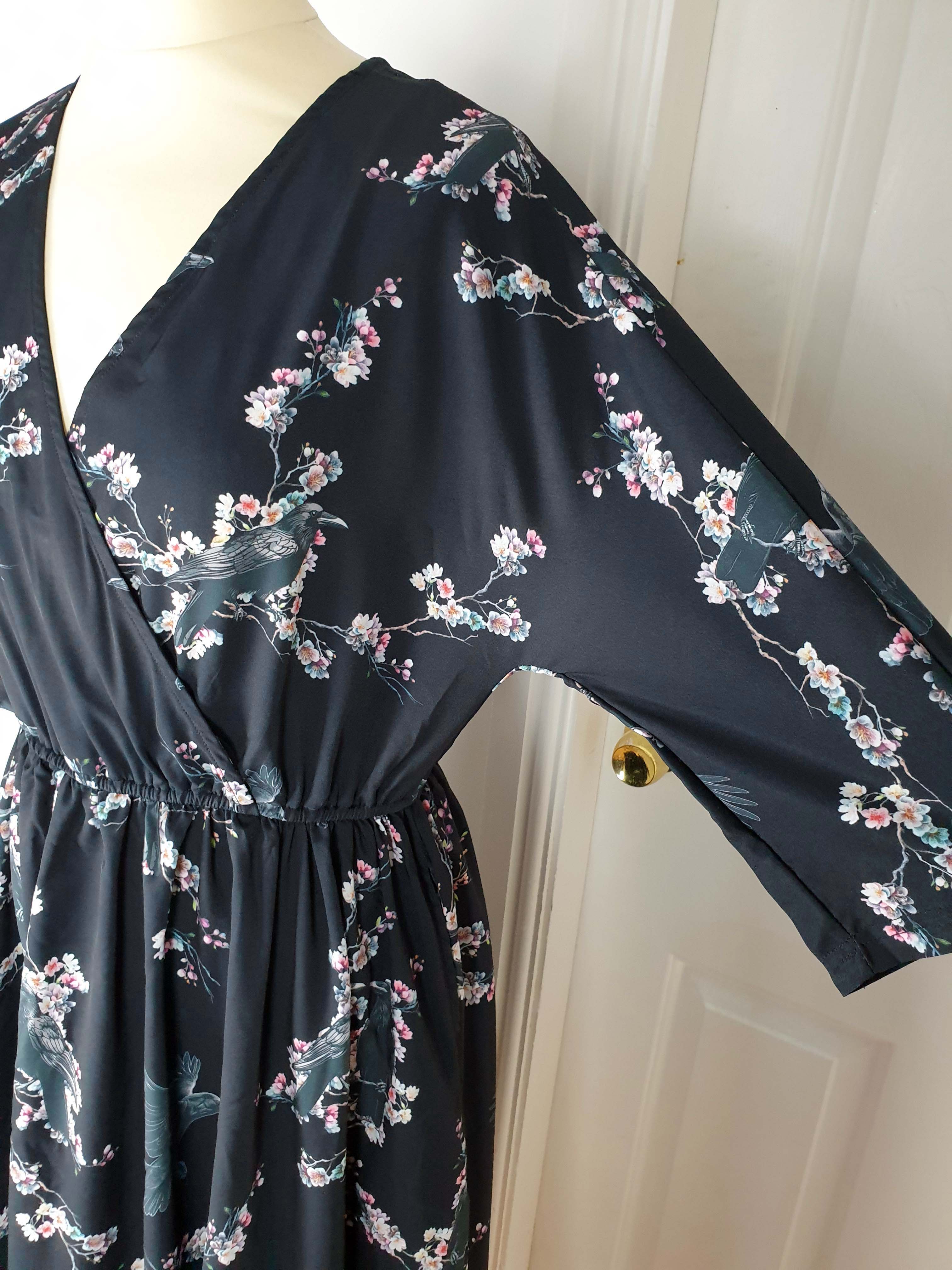 WRAP-FRONT MIDI DRESS (Sakura Corvids print)