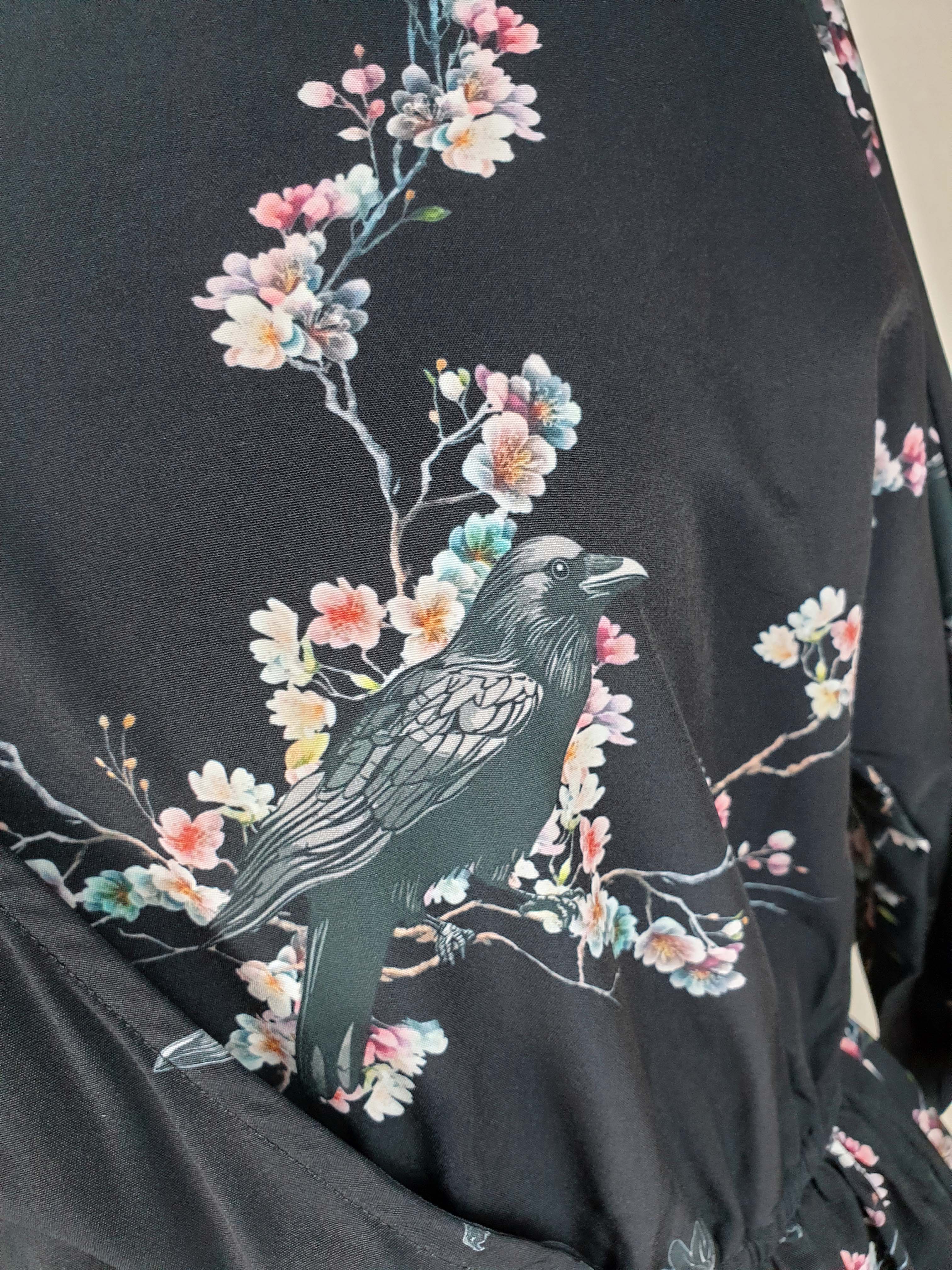 WRAP-FRONT MIDI DRESS (Sakura Corvids print)