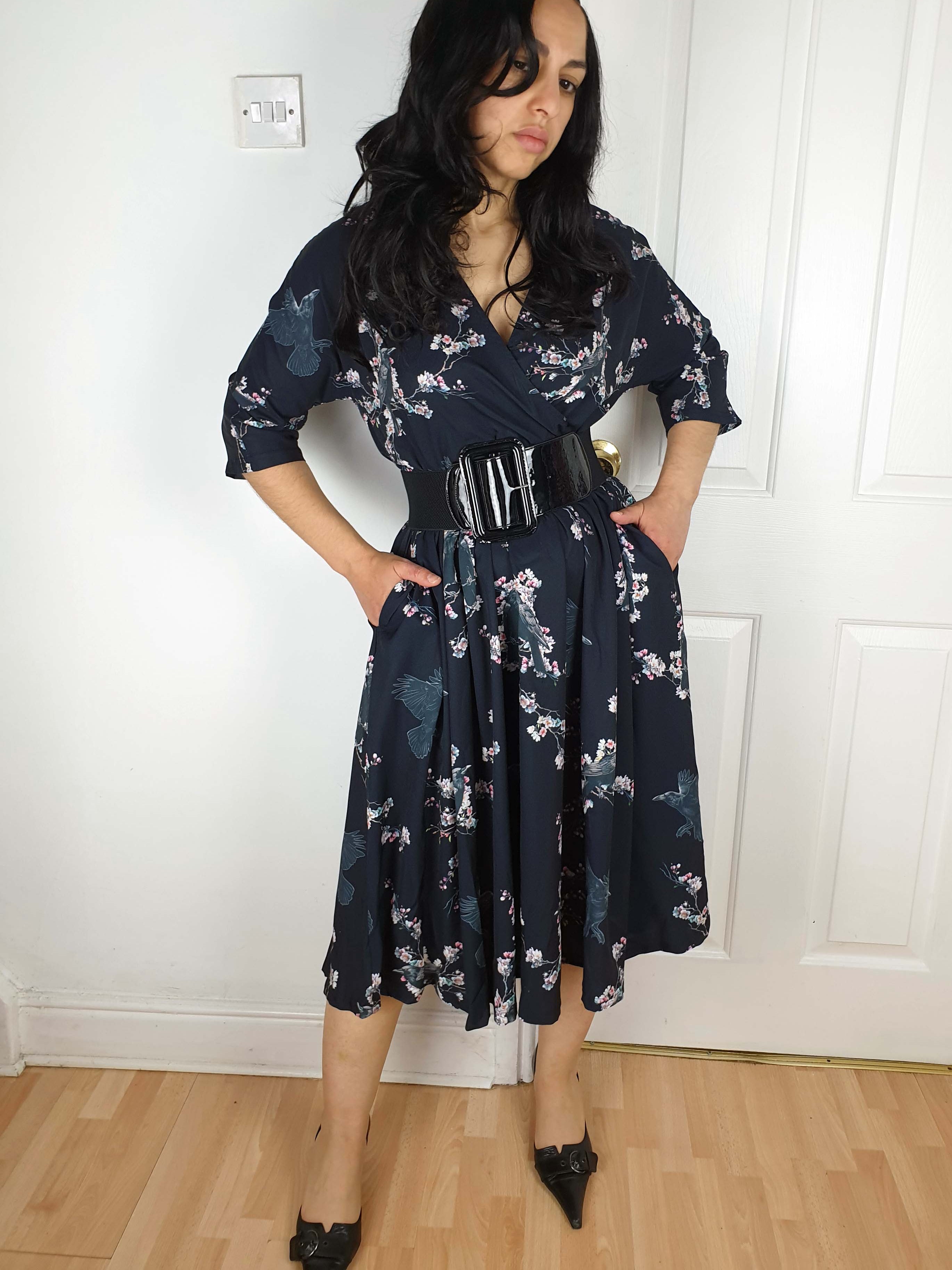 WRAP-FRONT MIDI DRESS (Sakura Corvids print)
