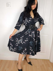 WRAP-FRONT MIDI DRESS (Sakura Corvids print)