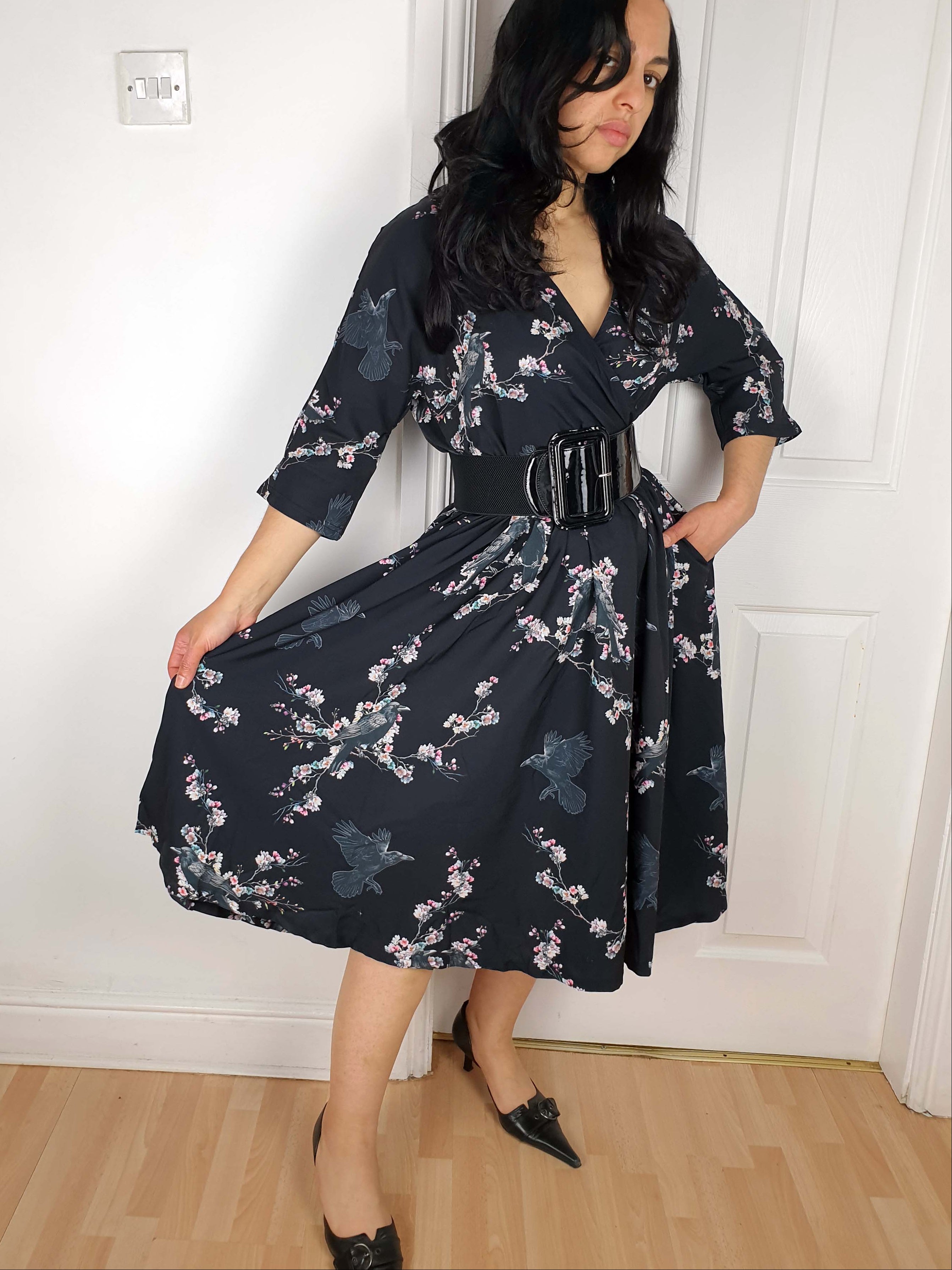 WRAP-FRONT MIDI DRESS (Sakura Corvids print)
