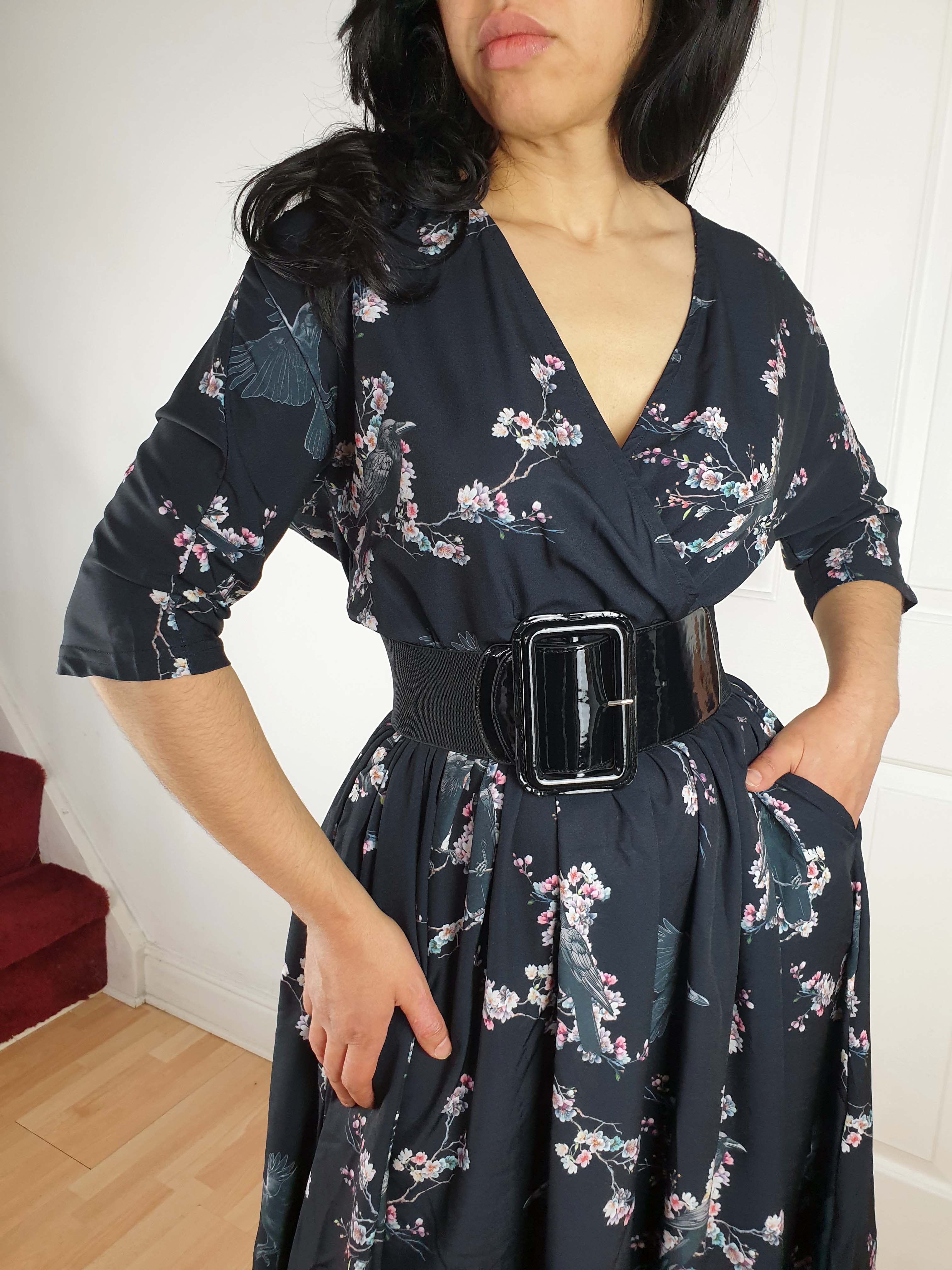 WRAP-FRONT MIDI DRESS (Sakura Corvids print)
