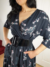 WRAP-FRONT MIDI DRESS (Sakura Corvids print)