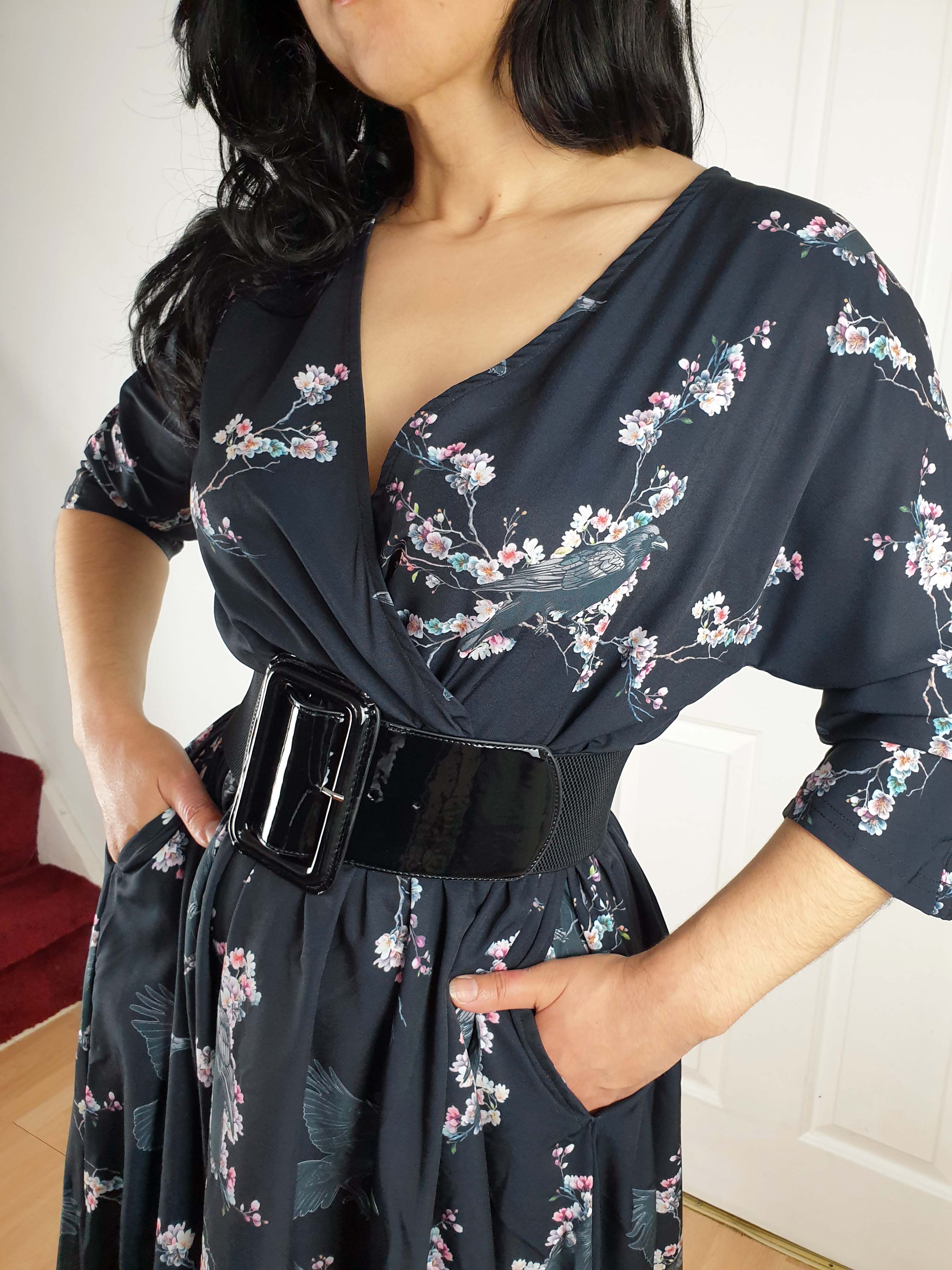 WRAP-FRONT MIDI DRESS (Sakura Corvids print)