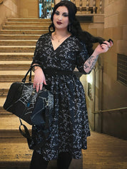 WRAP-FRONT MIDI DRESS (Black Ravens & Blossoms)