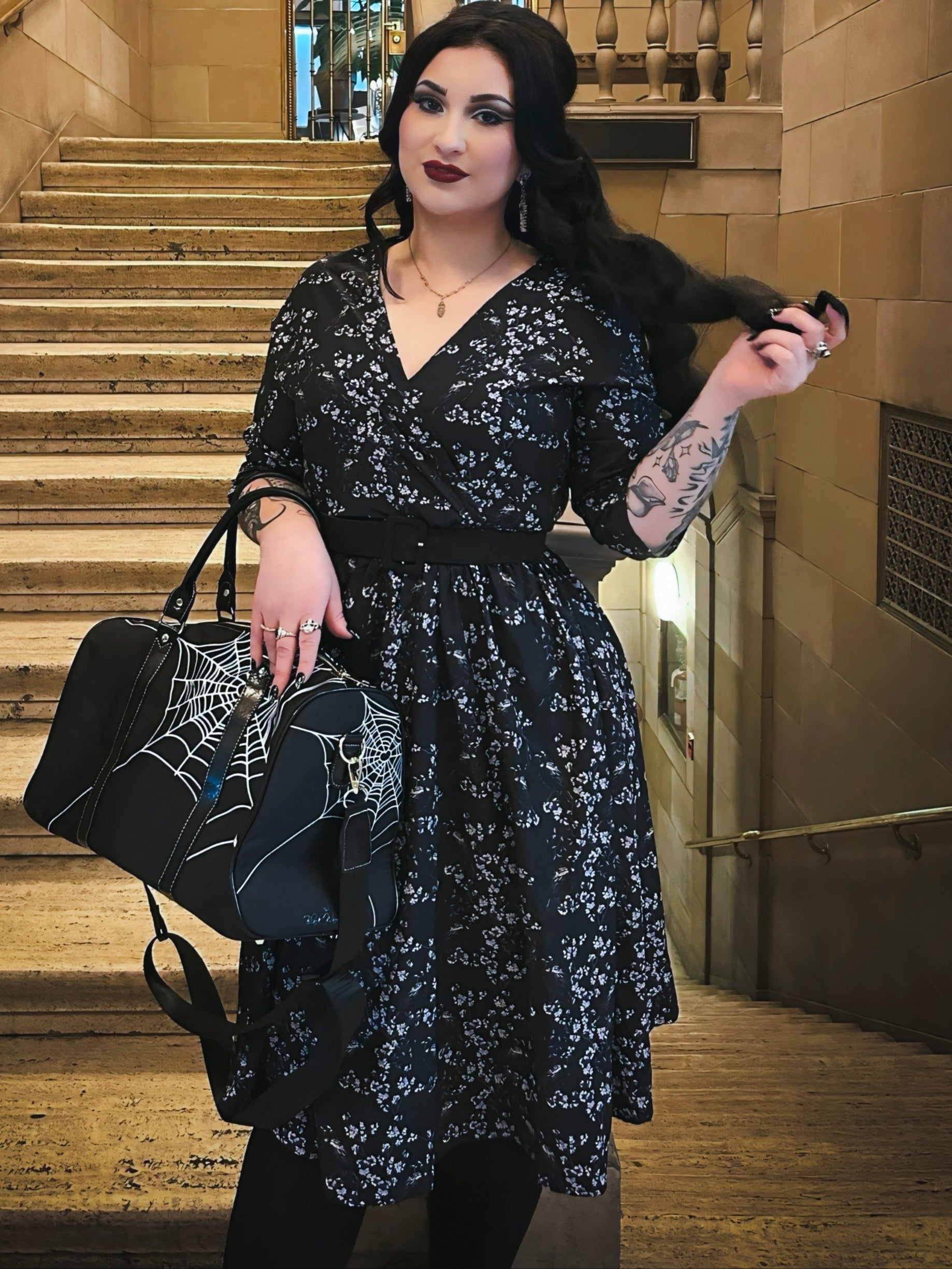 WRAP-FRONT MIDI DRESS (Black Ravens & Blossoms) –