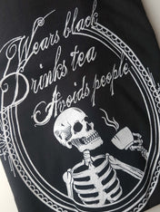 (V-NECK) WEARS BLACK, DRINKS TEA, AVOIDS PEOPLE t-shirt