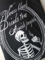 (V-NECK) WEARS BLACK, DRINKS TEA, AVOIDS PEOPLE t-shirt