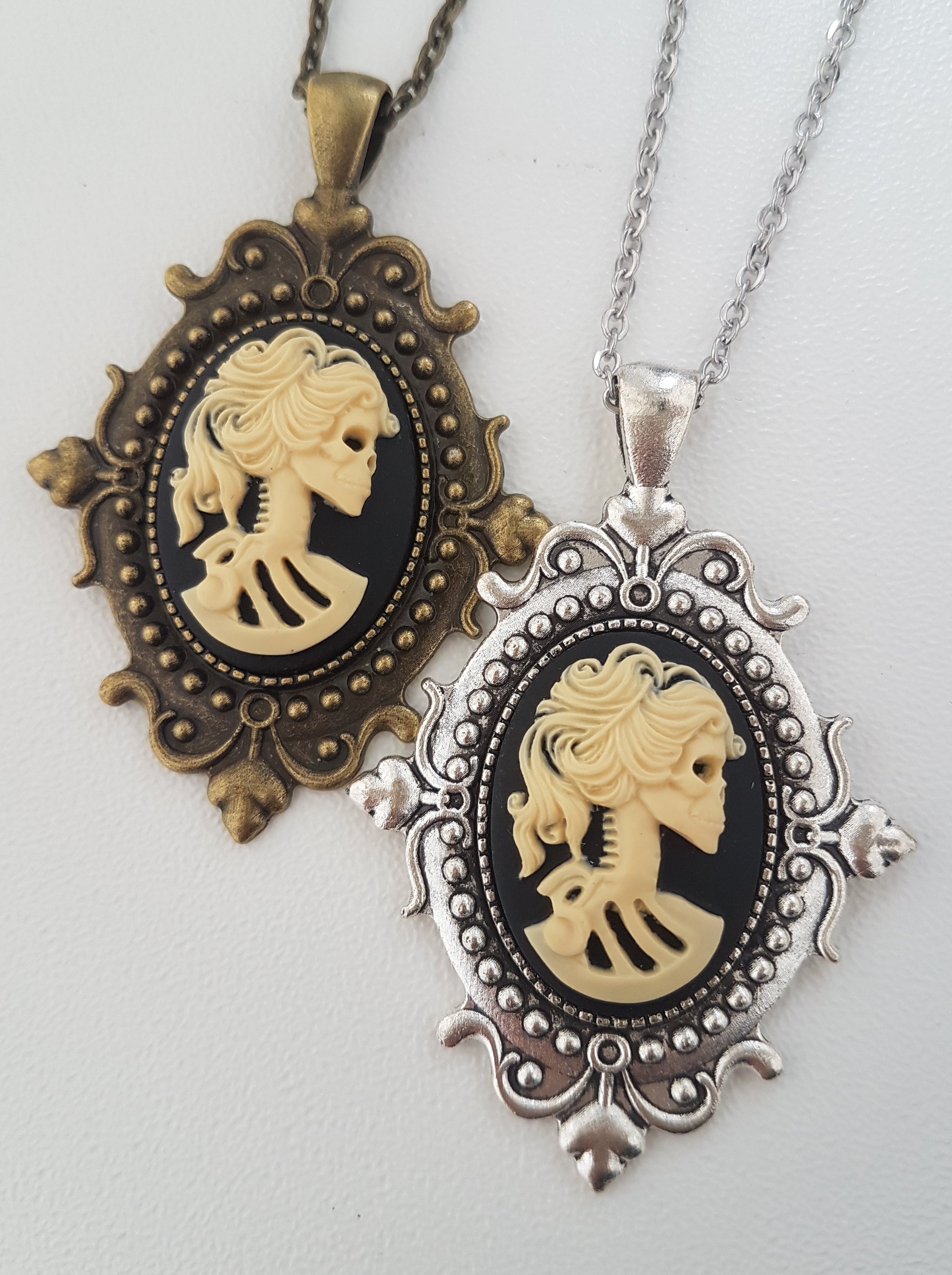 GOTHIC ORNATE LADY SKULL CAMEO NECKLACE