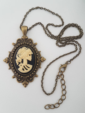 GOTHIC ORNATE LADY SKULL CAMEO NECKLACE