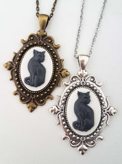 GOTHIC ORNATE CAT CAMEO NECKLACE (BLACK) | THEBLACKWARDROBE.COM.