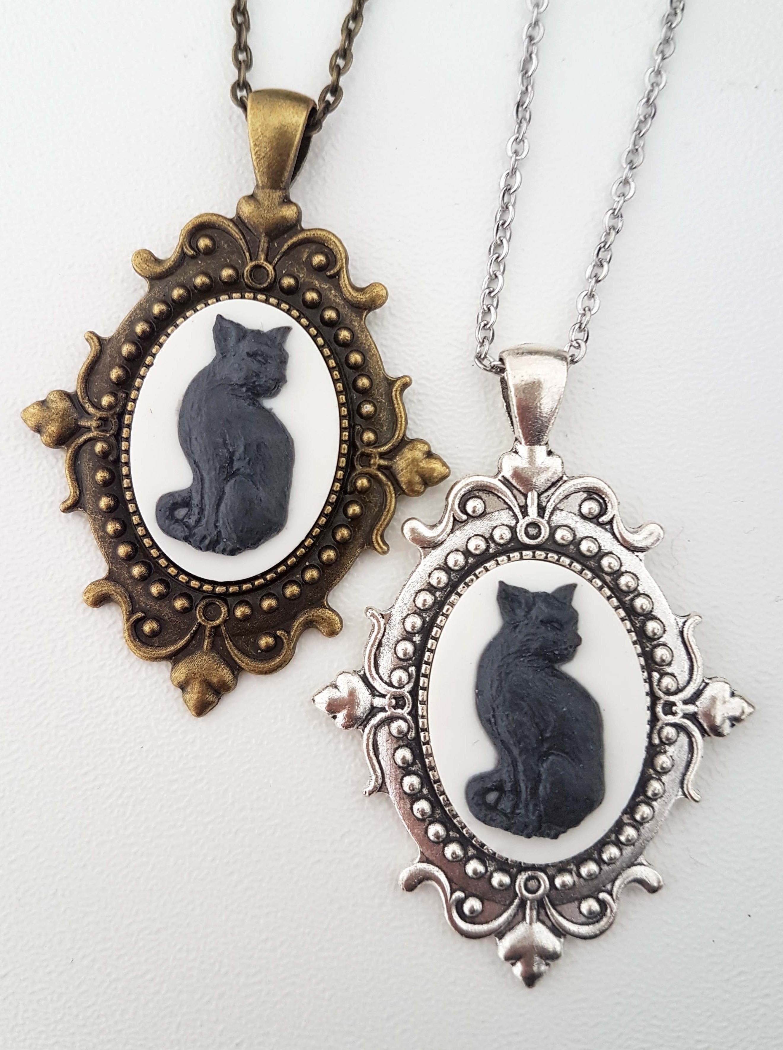 GOTHIC ORNATE CAT CAMEO NECKLACE (BLACK) | THEBLACKWARDROBE.COM.