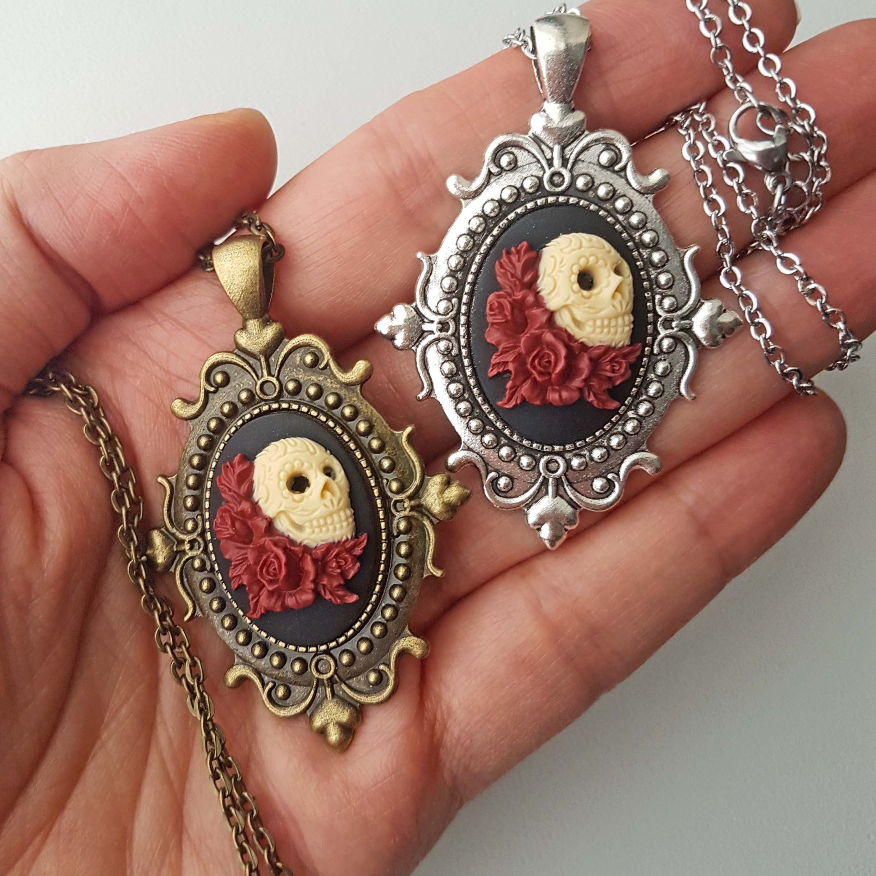 GOTHIC ORNATE SKULL & WINE ROSES CAMEO NECKLACE | THEBLACKWARDROBE.COM.