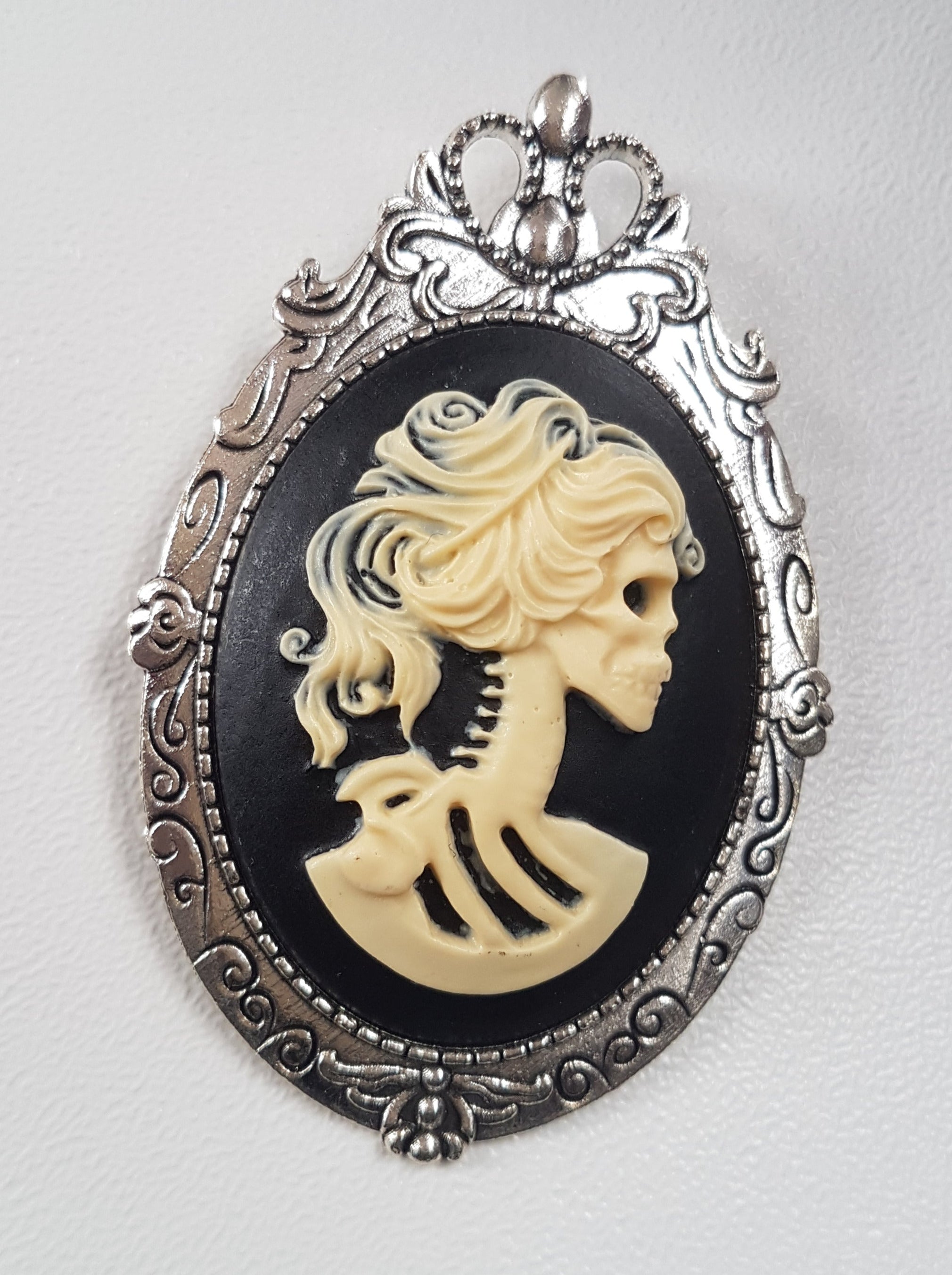 LADY SKULL SKELETON CAMEO BROOCH