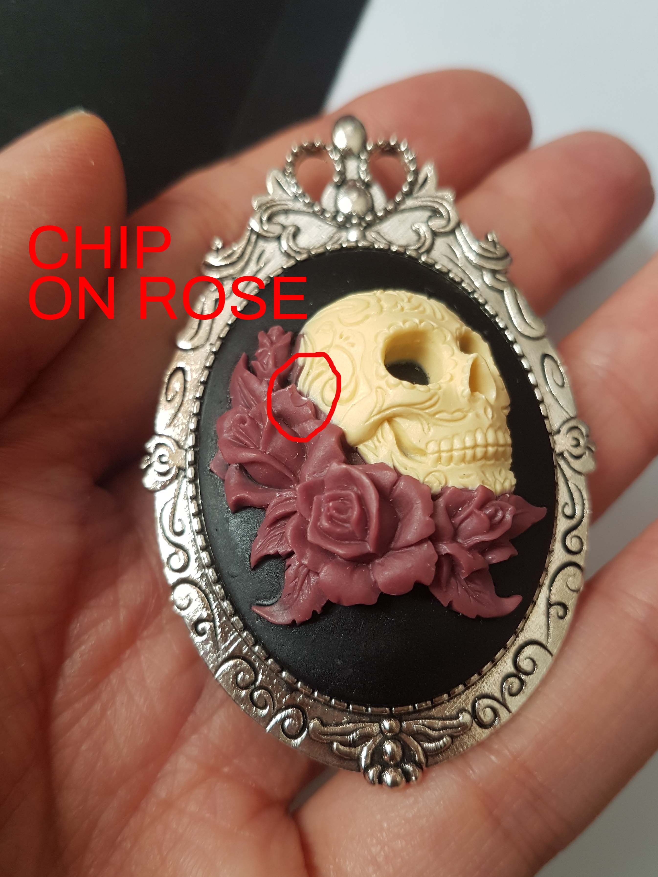 SKULL & ROSES CAMEO BROOCH - IMPERFECT ITEM