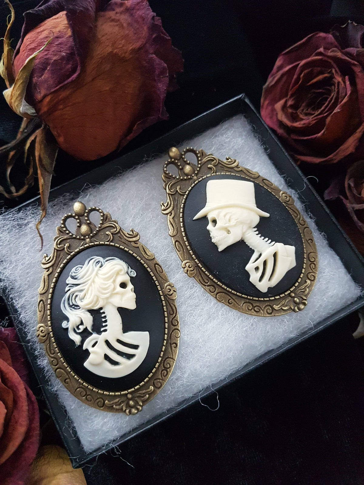 HIS & HERS SKULL SKELETON CAMEO BROOCH SET