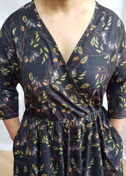 WRAP-FRONT MIDI DRESS (Autumn Flying Bats print)