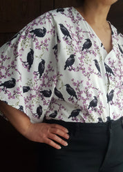 V-NECK SHIRT WITH FLOATY SLEEVES (Ravens & blossoms print)