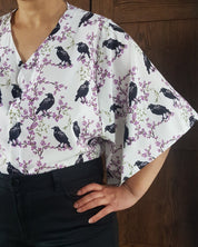 V-NECK SHIRT WITH FLOATY SLEEVES (Ravens & blossoms print)