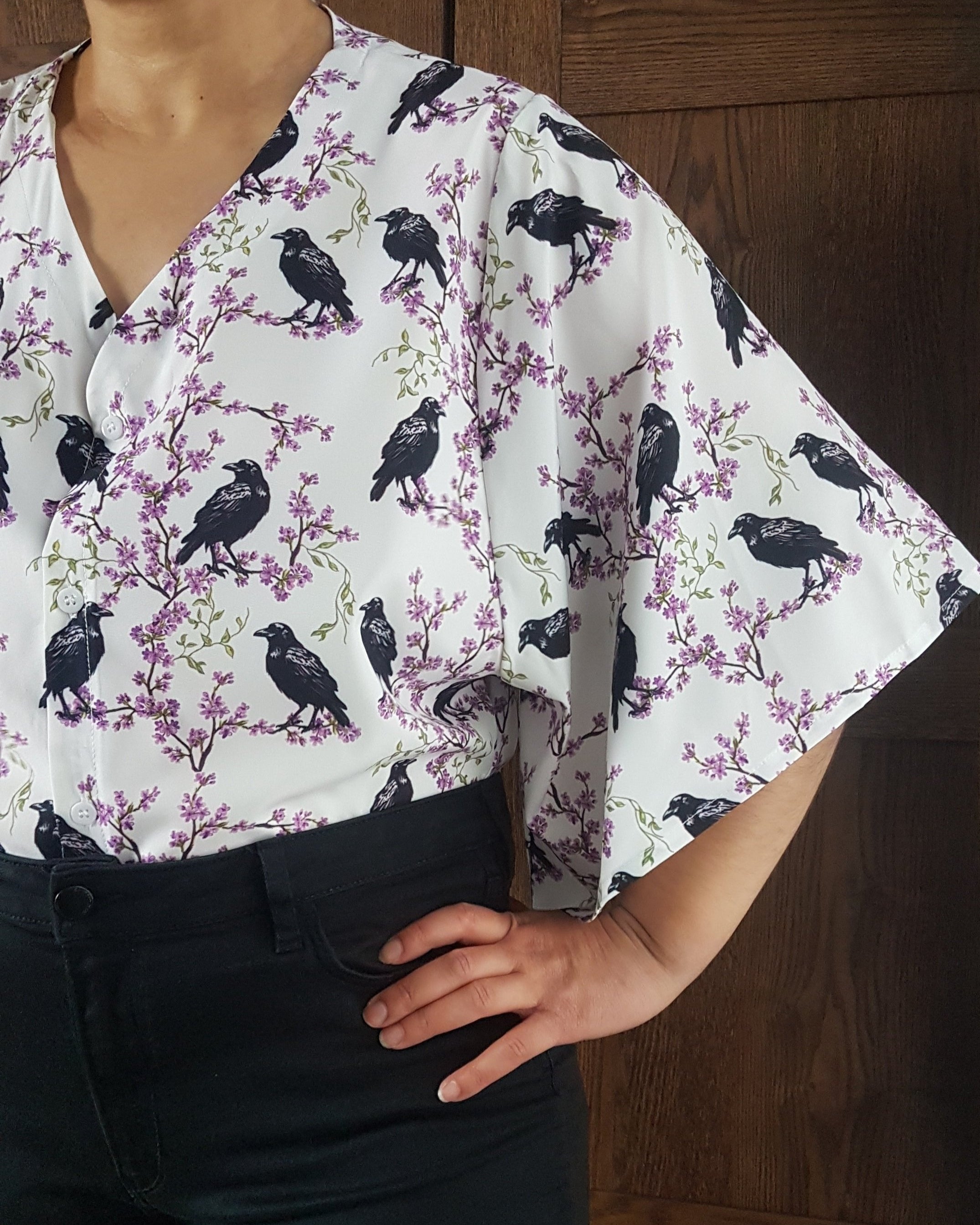 V-NECK SHIRT WITH FLOATY SLEEVES (Ravens & blossoms print)