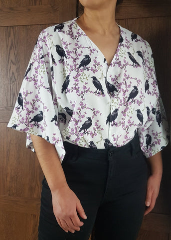 V-NECK SHIRT WITH FLOATY SLEEVES (Ravens & blossoms print)