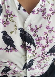 V-NECK SHIRT WITH FLOATY SLEEVES (Ravens & blossoms print)