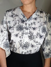V-NECK SHIRT WITH FLOATY SLEEVES (Botanical Bats print)