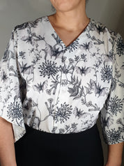 V-NECK SHIRT WITH FLOATY SLEEVES (Botanical Bats print)