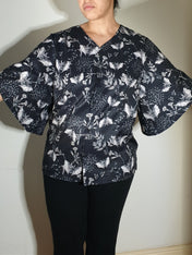 V-NECK SHIRT WITH FLOATY SLEEVES (Botanical Bats print)