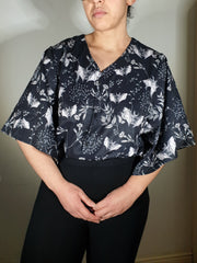 V-NECK SHIRT WITH FLOATY SLEEVES (Botanical Bats print)