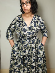 WRAP-FRONT MIDI DRESS (Spring Flying Ravens print)