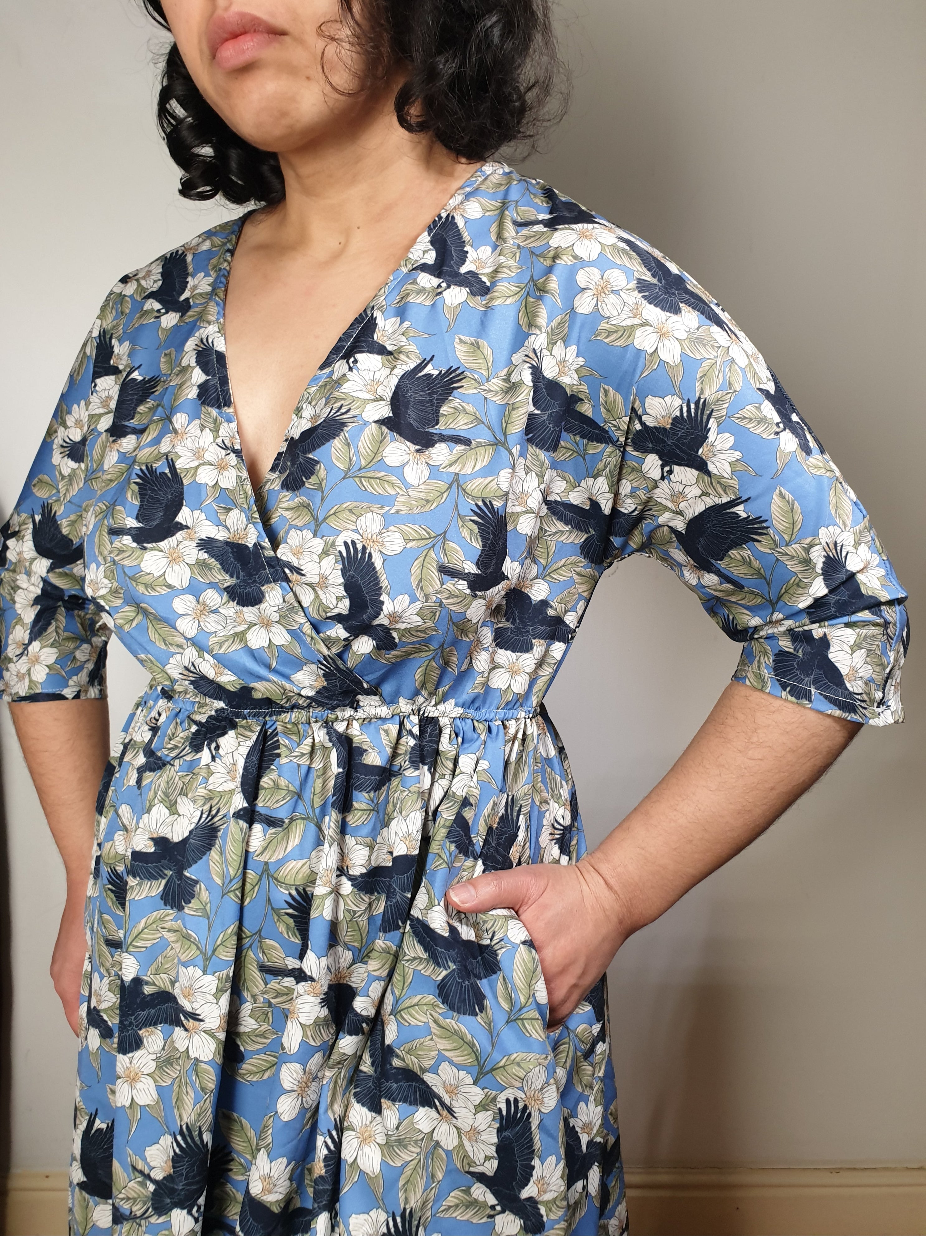 WRAP-FRONT MIDI DRESS (Spring Flying Ravens print)