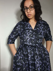 WRAP-FRONT MIDI DRESS (Black Ravens & Blossoms)