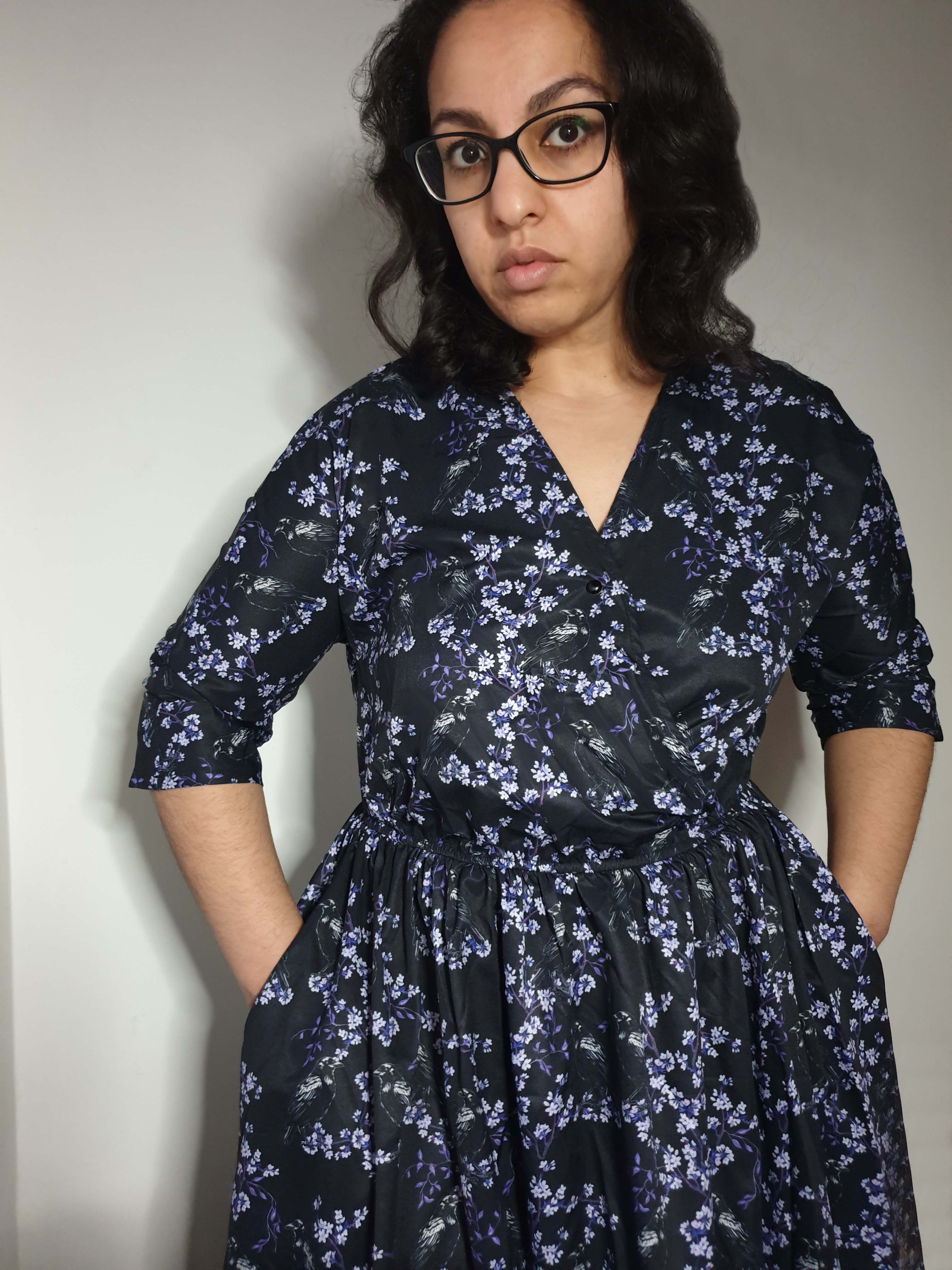 WRAP-FRONT MIDI DRESS (Black Ravens & Blossoms)