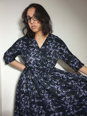 WRAP-FRONT MIDI DRESS (Black Ravens & Blossoms)