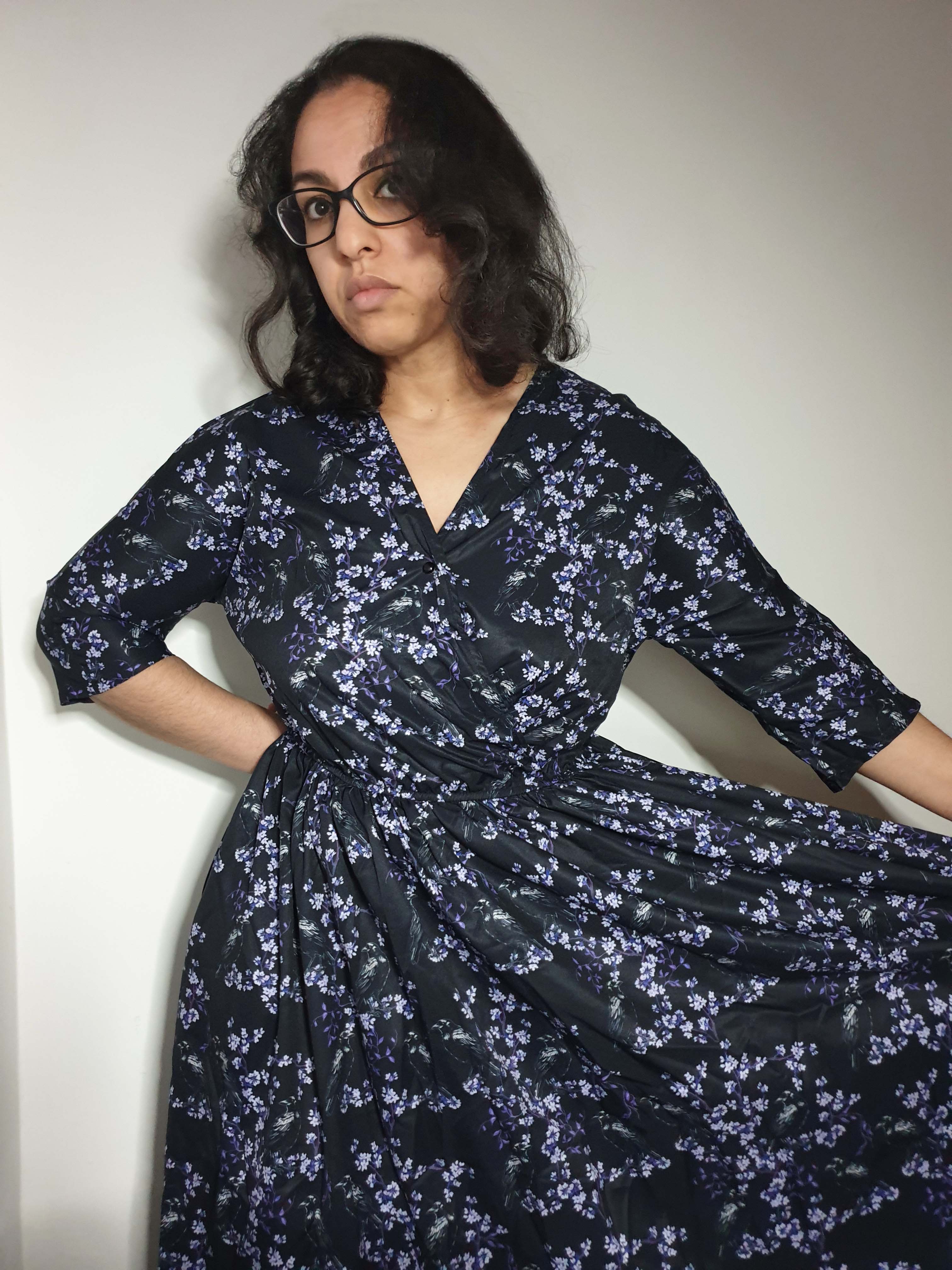 WRAP-FRONT MIDI DRESS (Black Ravens & Blossoms)