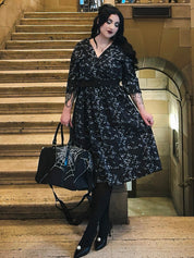 WRAP-FRONT MIDI DRESS (Black Ravens & Blossoms)