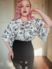 V-NECK SHIRT WITH FLOATY SLEEVES (Botanical Bats print)