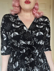 WRAP-FRONT MIDI DRESS (Botanical Bats print)