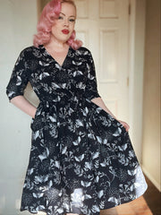 WRAP-FRONT MIDI DRESS (Botanical Bats print)
