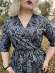 WRAP-FRONT MIDI DRESS (Grey Ravens & Blossoms)