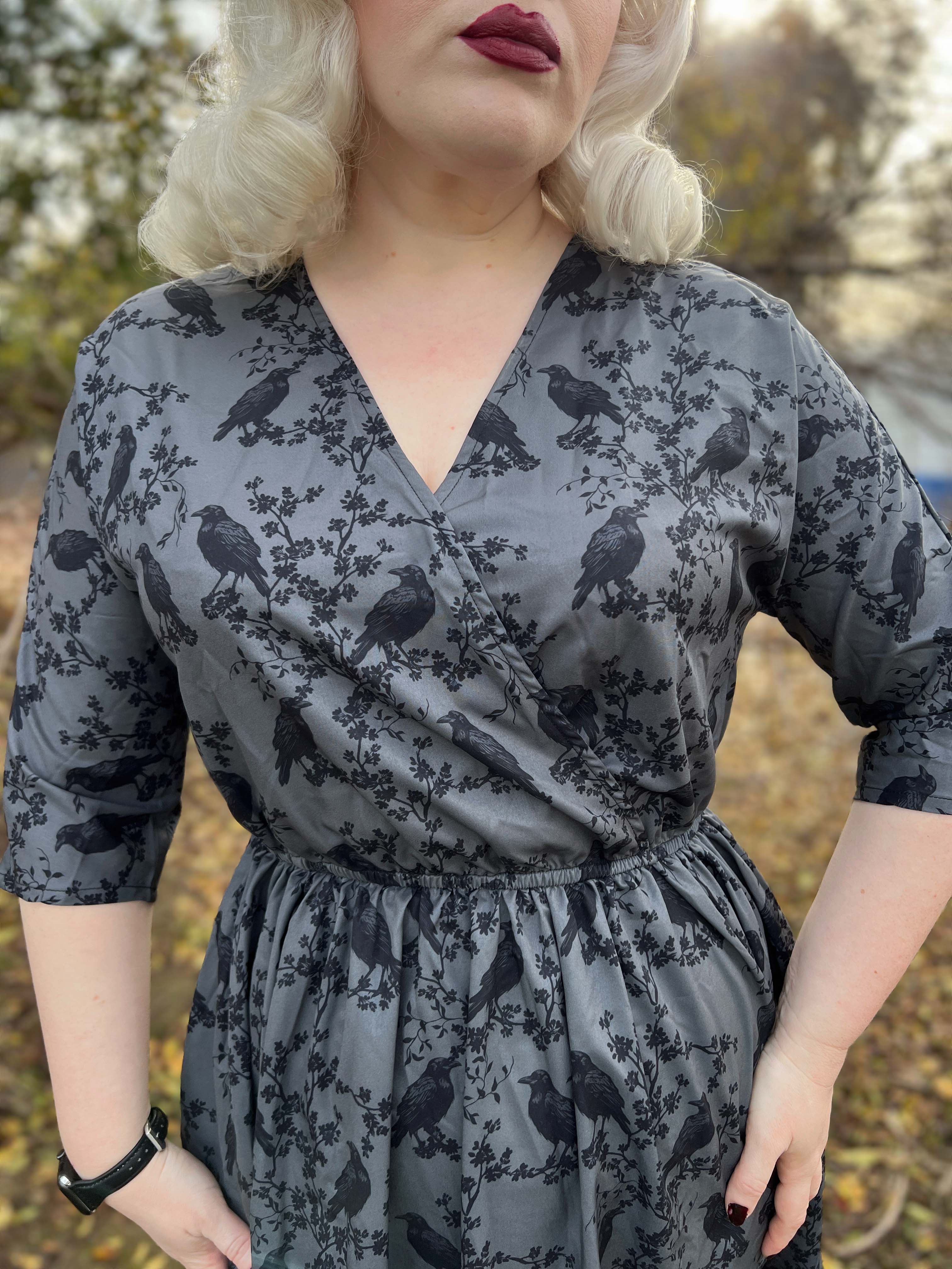 WRAP-FRONT MIDI DRESS (Grey Ravens & Blossoms) THEBLACKWARDROBE.COM WRAP-FRONT MIDI DRESS (Grey Ravens & Blossoms) THEBLACKWARDROBE.COM