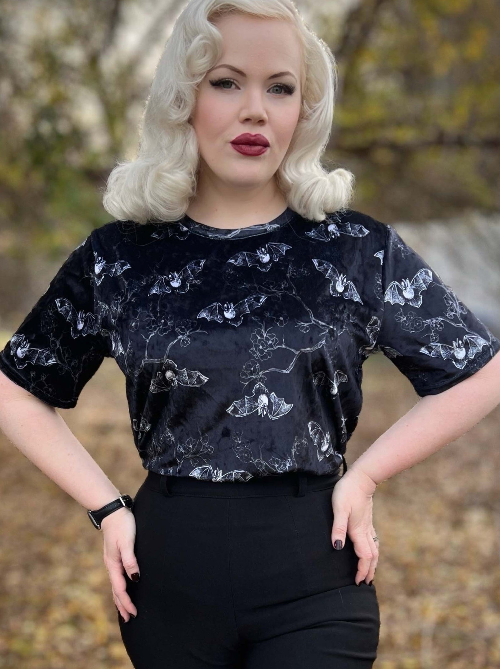 VELVET T-SHIRT (Midnight Bats & Blossoms print)