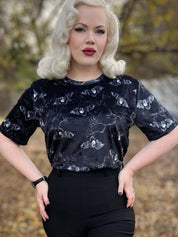 VELVET T-SHIRT (Midnight Bats & Blossoms print)