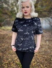 VELVET T-SHIRT (Midnight Bats & Blossoms print)