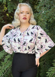 V-NECK SHIRT WITH FLOATY SLEEVES (Ravens & blossoms print)
