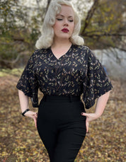 V-NECK SHIRT WITH FLOATY SLEEVES (Autumn Flying Bats print)