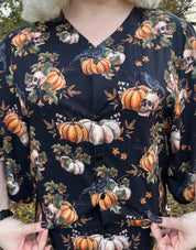 V-NECK SHIRT WITH FLOATY SLEEVES (Macabre Pumpkins print)