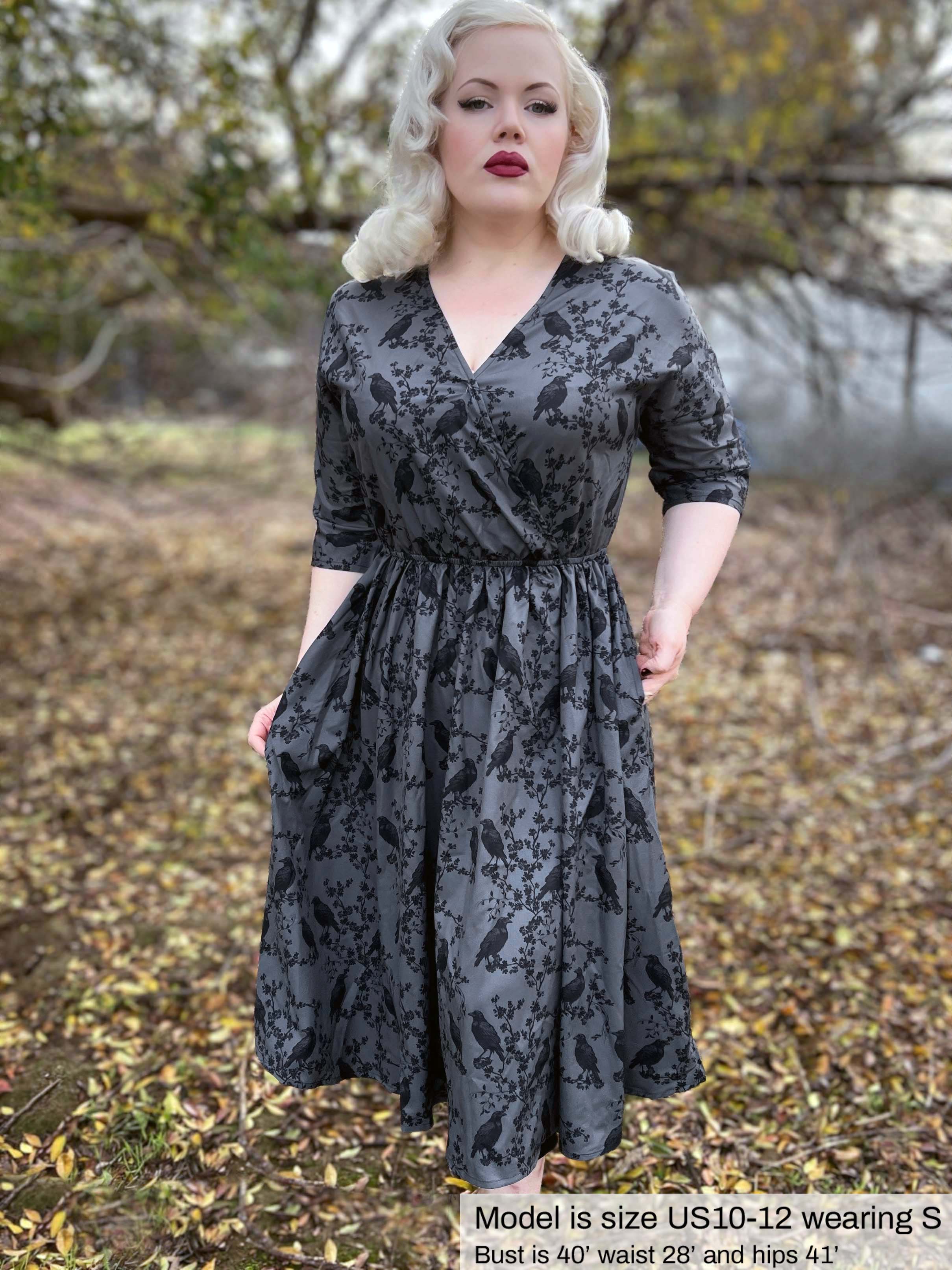 WRAP-FRONT MIDI DRESS (Grey Ravens & Blossoms) THEBLACKWARDROBE.COM WRAP-FRONT MIDI DRESS (Grey Ravens & Blossoms) THEBLACKWARDROBE.COM